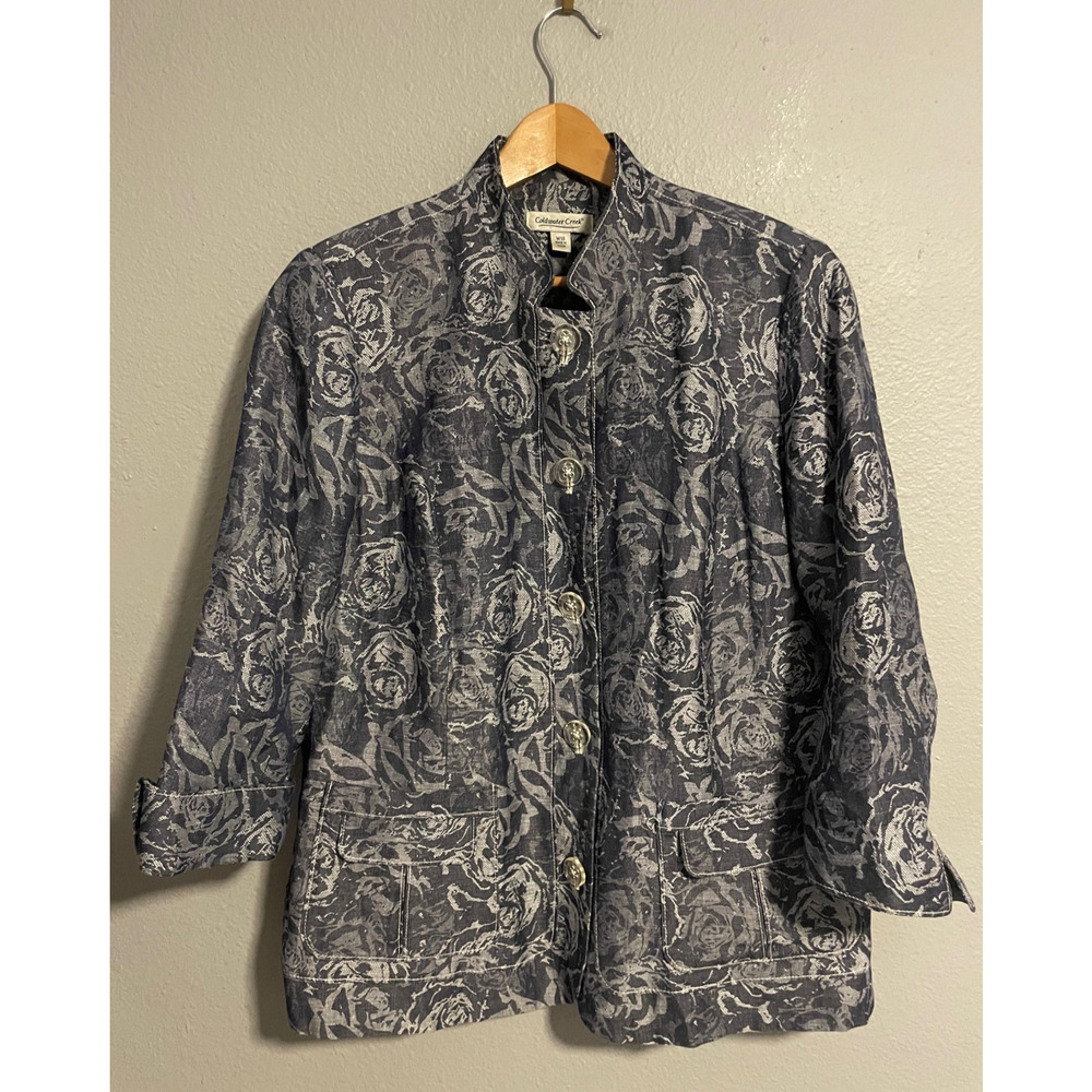 Coldwater Creek Jacket Womens Size 18 Gray Floral Jacquard Button Front Artsy